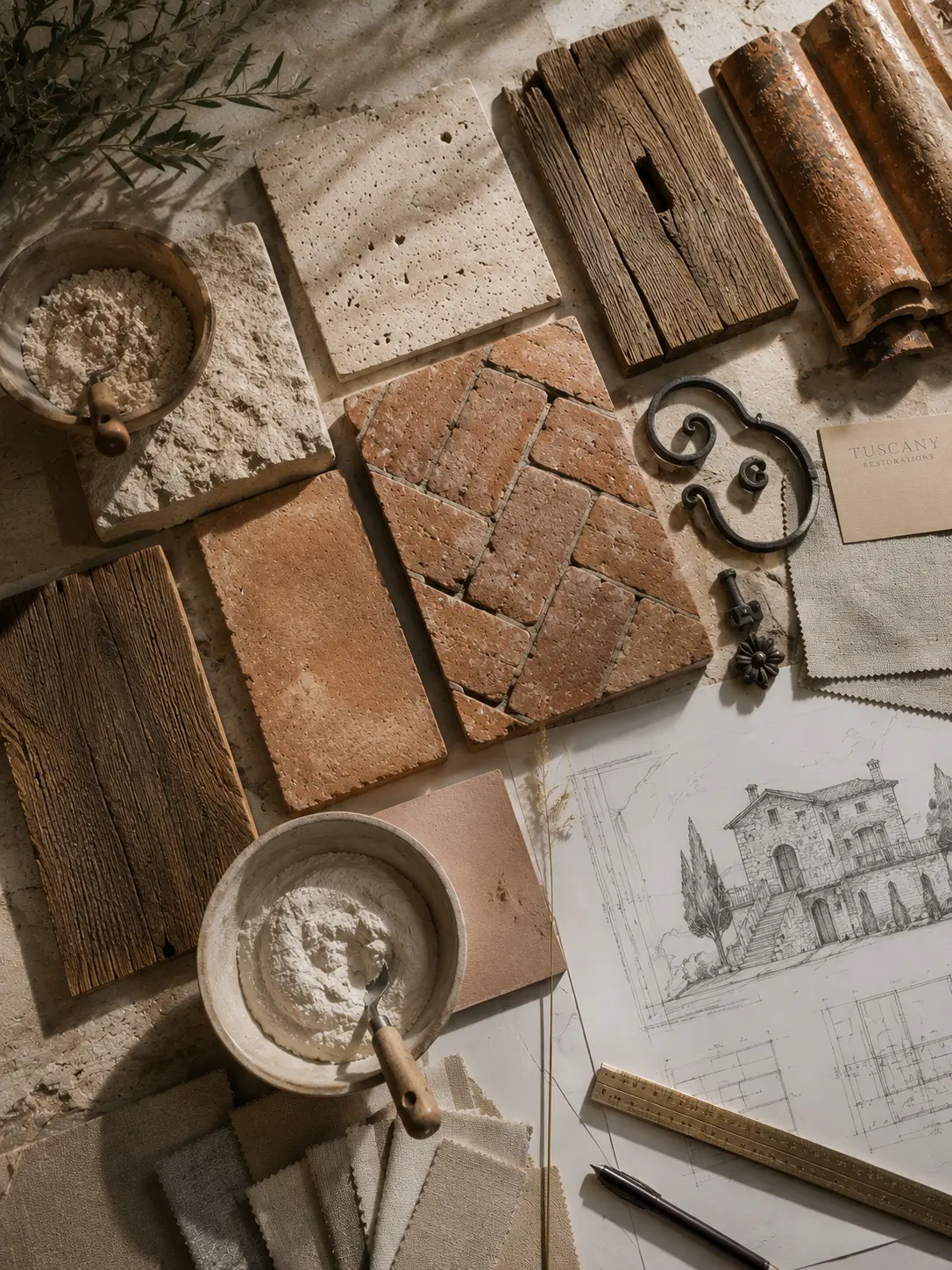 Materiali tradizionali toscani: cotto, travertino, pietra serena, terracotta, legno, ferro battuto e calce naturale