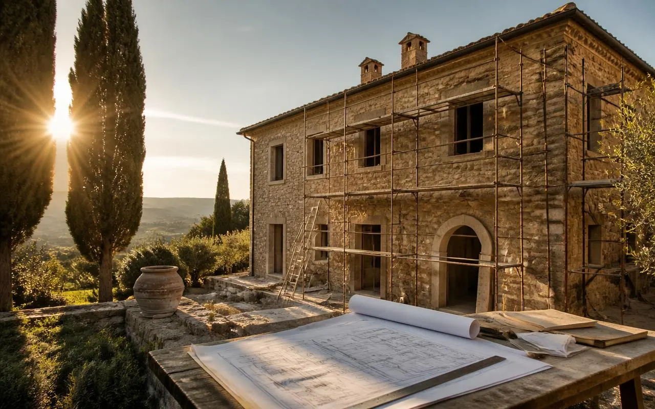 Casale toscano in restauro con progetto sul tavolo