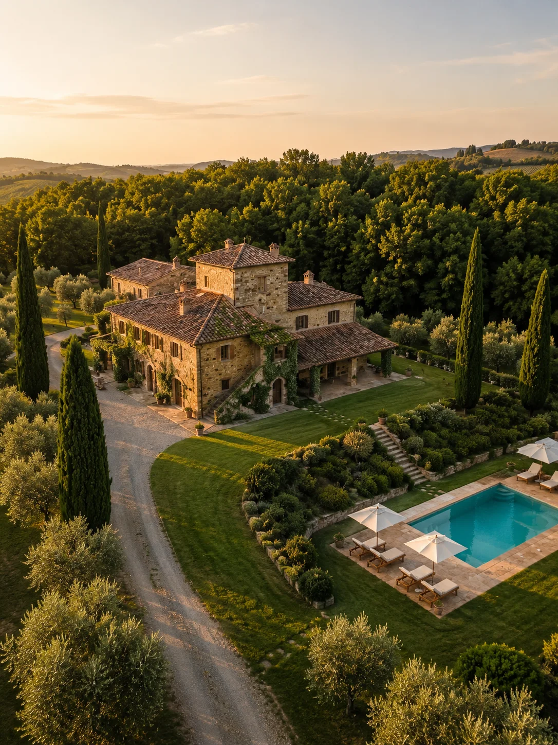Vista aerea di una villa toscana restaurata con piscina, uliveto e cipressi al tramonto