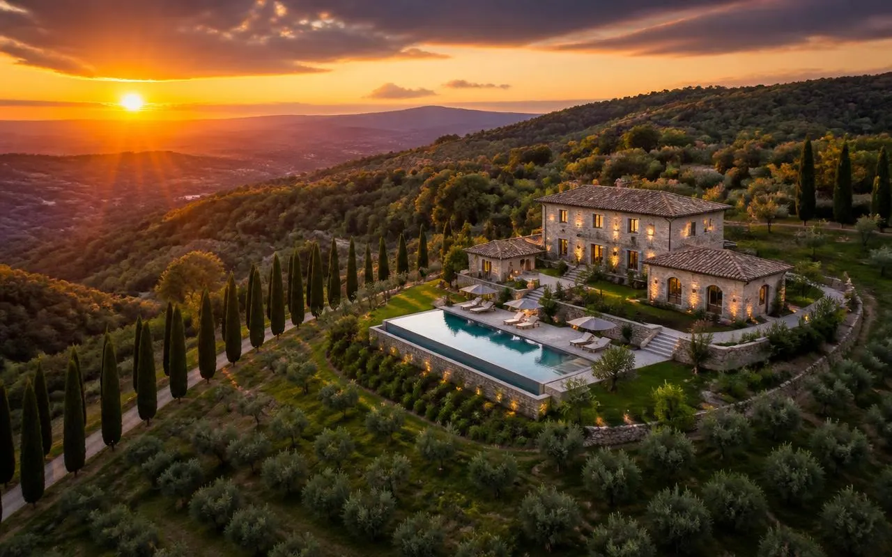 Villa toscana restaurata con piscina e oliveto al tramonto